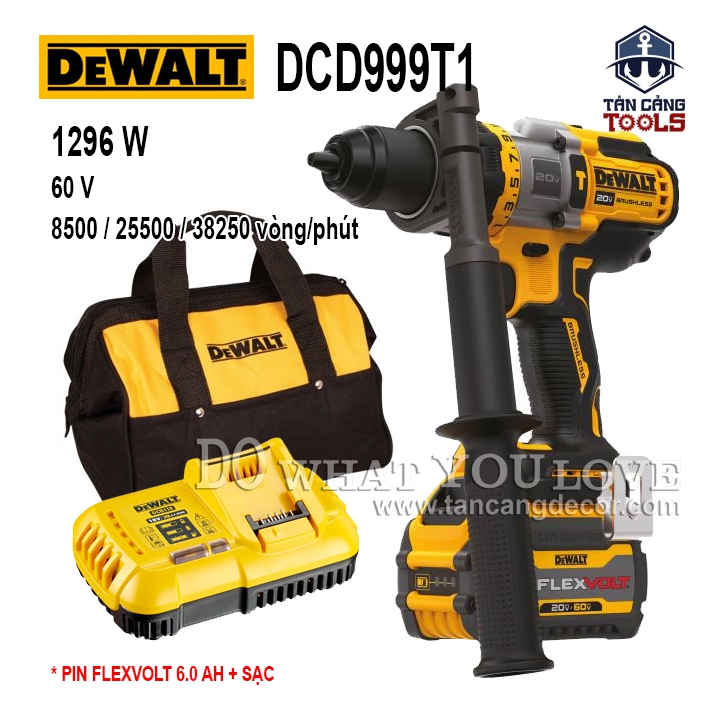 Combo Máy Khoan Động Lực Dùng Pin DeWalt 20V DCD999T1 ( Túi Vải, Thân Máy, Pin 6.0Ah, Sạc Nhanh )