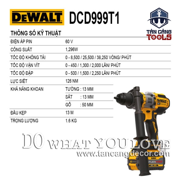 Alternative view of Combo Máy Khoan Động Lực Dùng Pin DeWalt 20V DCD999T1 ( Túi Vải, Thân Máy, Pin 6.0Ah, Sạc Nhanh )