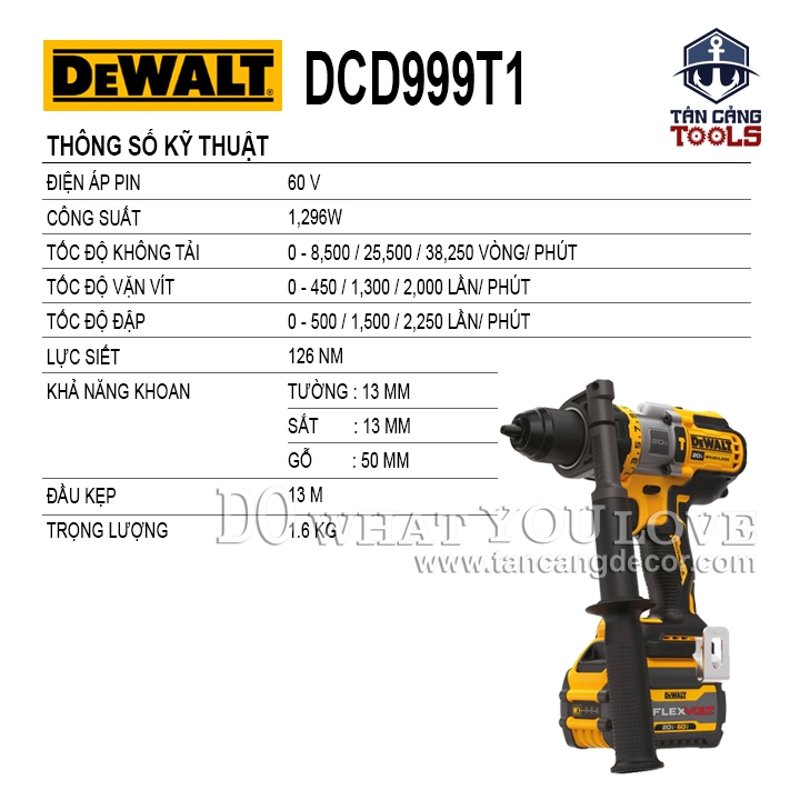 Combo Máy Khoan Động Lực Dùng Pin DeWalt 20V DCD999T1 ( Túi Vải, Thân Máy, Pin 6.0Ah, Sạc Nhanh ) - Ảnh 2
