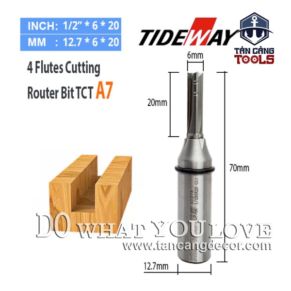 Mũi Router CNC 4 Cạnh TCT A7 Tideway 6 x 20 mm Cốt 12.7 mm