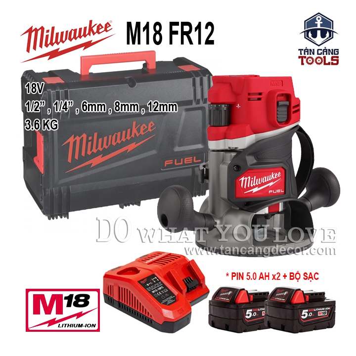 Combo Máy Phay Cầm Tay Dùng Pin M18 Milwaukee FR12-02X ( Thân Máy, 2 Pin 5.0Ah , 1 Sạc )