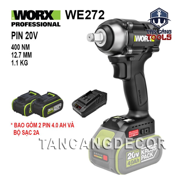 Combo Máy Siết Bu Lông Dùng Pin 20V Worx WE272 1/2 Inches ( 2 Pin 4.0Ah + Sạc Nhanh + Túi Xách )