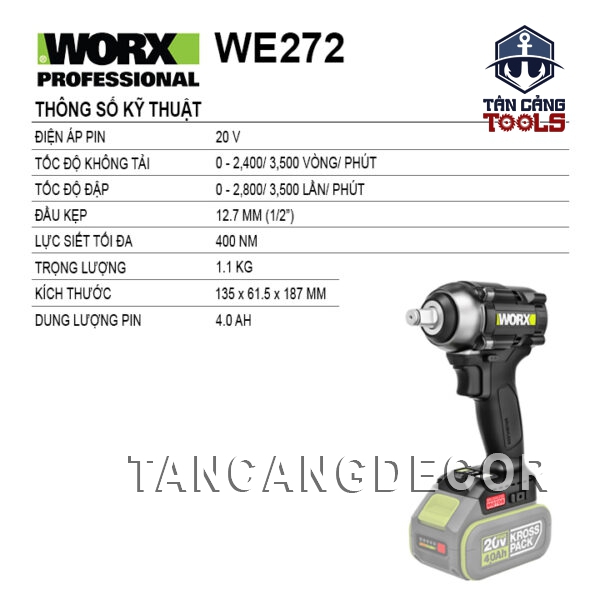 Alternative view of Combo Máy Siết Bu Lông Dùng Pin 20V Worx WE272 1/2 Inches ( 2 Pin 4.0Ah + Sạc Nhanh + Túi Xách )