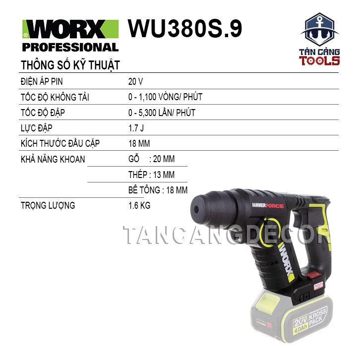 Máy Khoan Bê Tông 2 Chế Độ Dùng Pin 20V Worx WU380S.9 ( Thân Máy ) - Ảnh 2