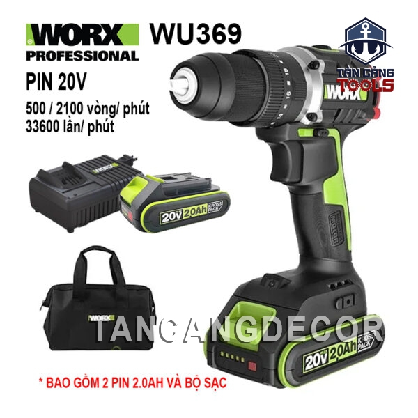 Combo Máy Khoan Động Lực Dùng Pin 20V Worx WU369 ( 2 Pin 2.0Ah, 1 Sạc, 1 Túi )