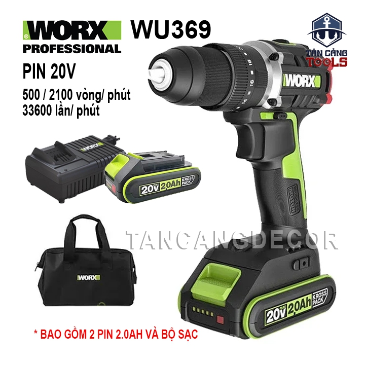 Combo Máy Khoan Động Lực Dùng Pin 20V Worx WU369 ( 2 Pin 2.0Ah, 1 Sạc, 1 Túi )