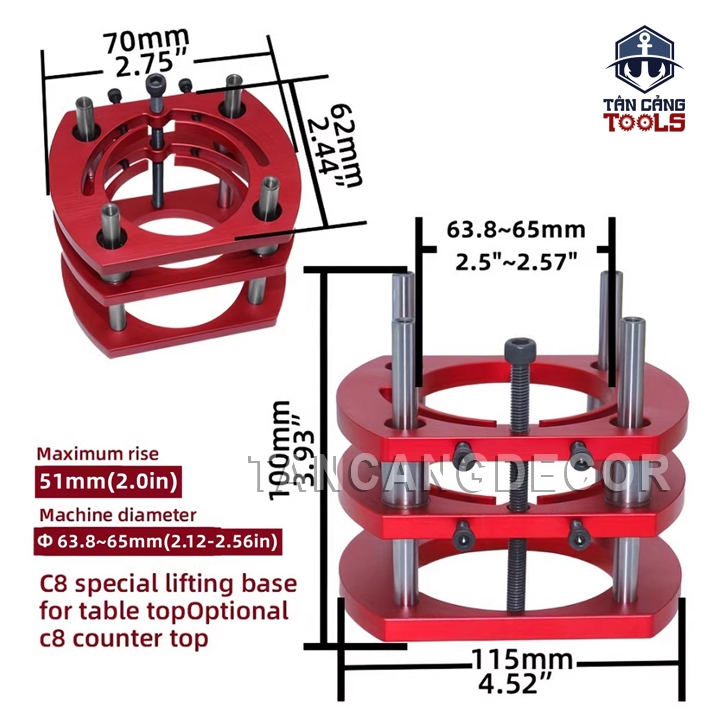 Bộ Cử, Mặt Gá Nâng Hạ Máy Phay Cầm Tay Nhôm Anode - Đường Kính Máy 65 mm - Ảnh 9