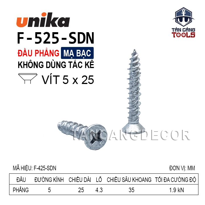 Vít Không Tắc Kê Đầu Phẳng Unika F525 - SDN ( Hộp 80 Cái ) - Ảnh 2