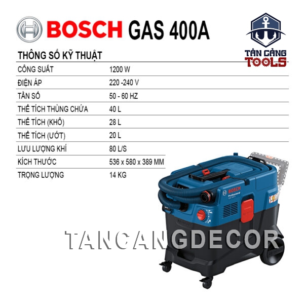 Máy Hút Bụi Công Nghiệp 2 Chức Năng 40 Lít 1200W Bosch GAS 400A ( Tính Năng Auto Start, Vệ Sinh Hepa ) - Ảnh 3