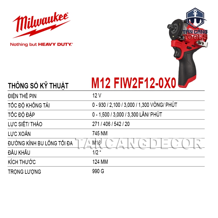 Máy Siết Bu Lông Dùng Pin 1/2 Inches STUBBY Gen 2 Milwaukee M12 FIW2F12-0C ( Thân Máy ) - Ảnh 2