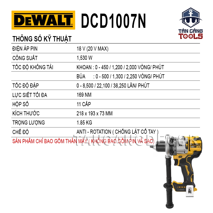 Máy Khoan Động Lực Dùng Pin DeWalt 20V DCD1007N ( Thân Máy ) - Ảnh 2