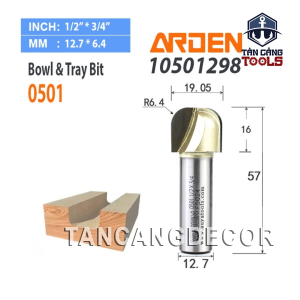 Mũi Router Arden Đánh Rãnh Tròn R6.4 Cốt 12.7 mm Arden 0501 ( Chuyên Làm Thớt Gỗ )