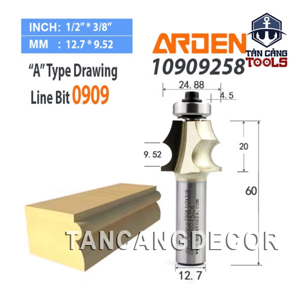 Mũi Router Arden Đánh Chỉ Chữ A 20 x 24.88 mm Cốt 12.7 mm Arden 0909