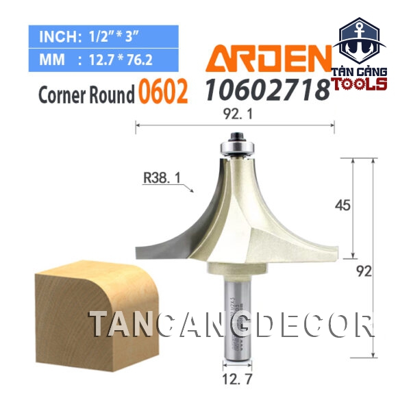 Mũi Router Arden Bo Góc R38.1 Cốt 12.7 mm Arden 0602 Corner Round Bit