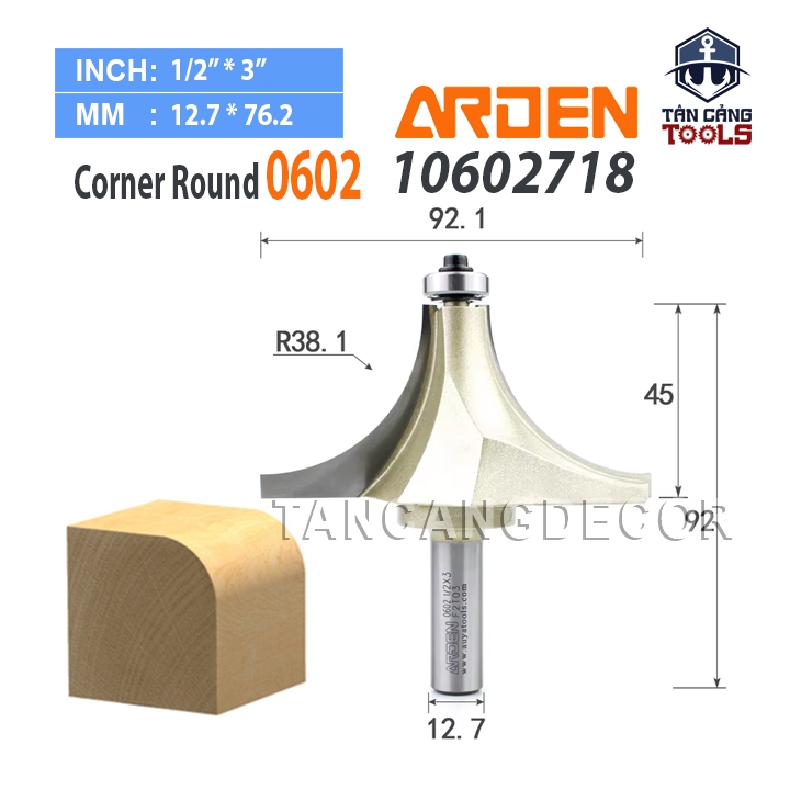 Mũi Router Arden Bo Góc R38.1 Cốt 12.7 mm Arden 0602 Corner Round Bit