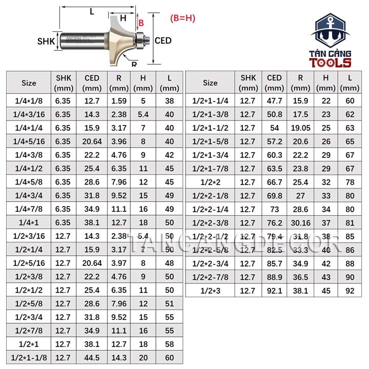 Mũi Router Arden Bo Góc R38.1 Cốt 12.7 mm Arden 0602 Corner Round Bit - Ảnh 2