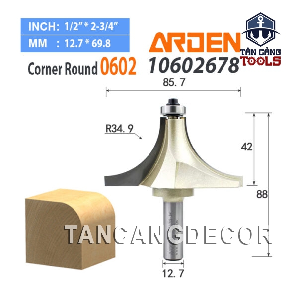Mũi Router Arden Bo Góc R34.9 Cốt 12.7 mm Arden 0602 Corner Round Bit