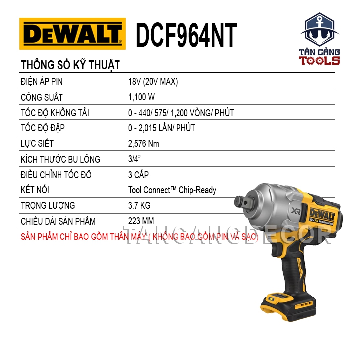 Máy Siết Bu Lông Dùng Pin DeWalt 20V DCF964NT 3/4 Inches ( Thân Máy ) - Ảnh 2