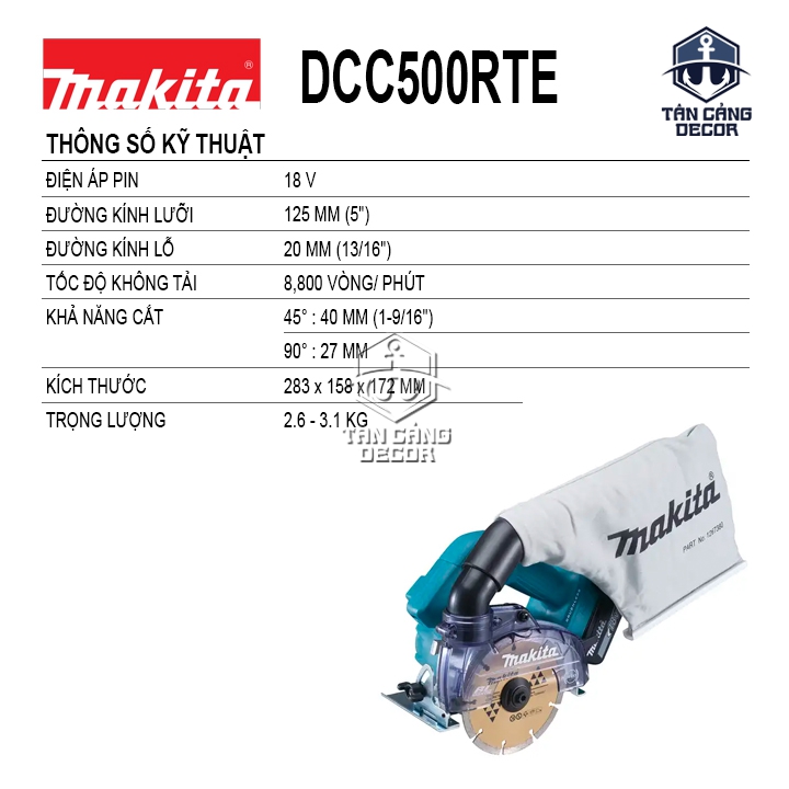 Combo Máy Cắt Gạch 125mm Dùng Pin 18V Makita DCC500RTE ( Thân Máy, 2 Pin 5.0Ah, 1 Sạc Nhanh ) - Ảnh 2