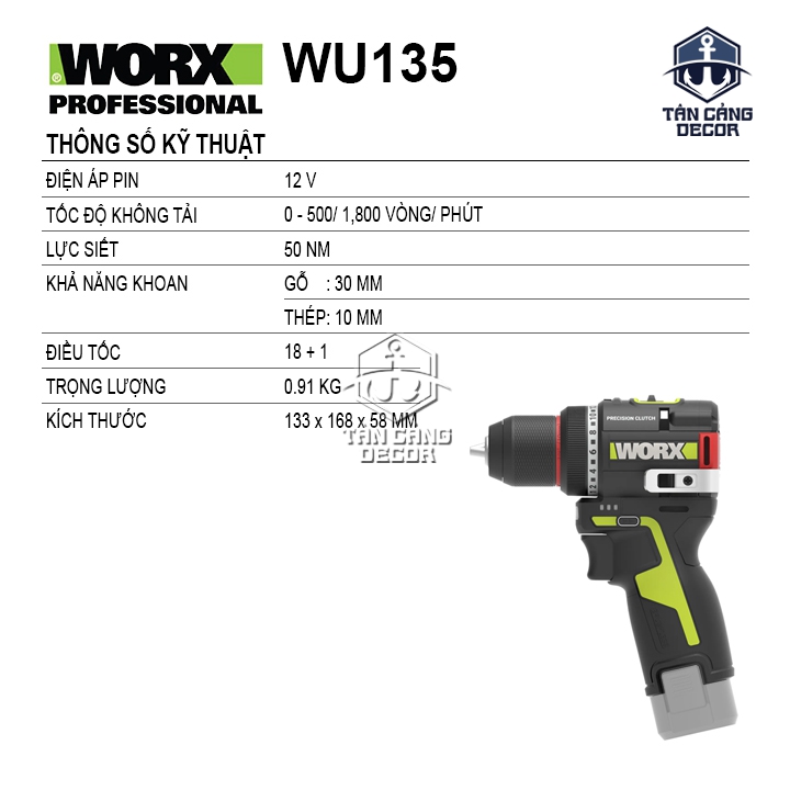 Máy Khoan Dùng Pin 12V Worx WU135 ( Thân Máy ) - Ảnh 2