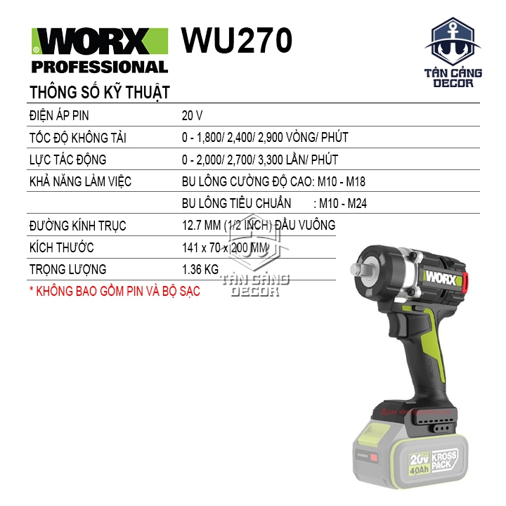 Máy Siết Bu Lông Dùng Pin 20V Worx WU270 1/2 Inches ( Thân Máy ) - Ảnh 2
