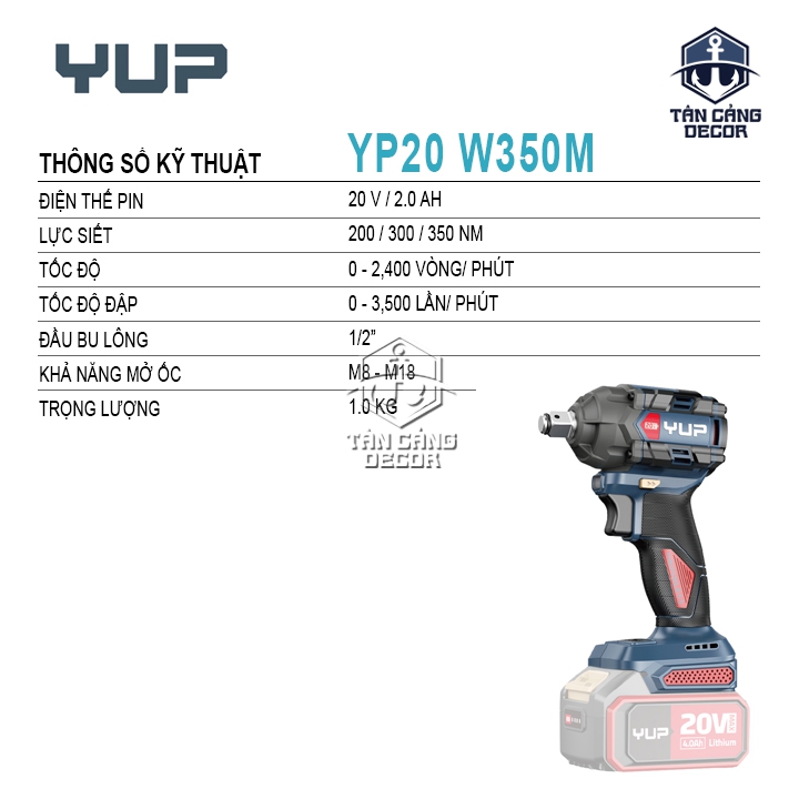 Máy Siết Bu Lông Dùng Pin YUP YP20 W350M Bản 2.0Ah (1 Pin + 1 Sạc) - Ảnh 2