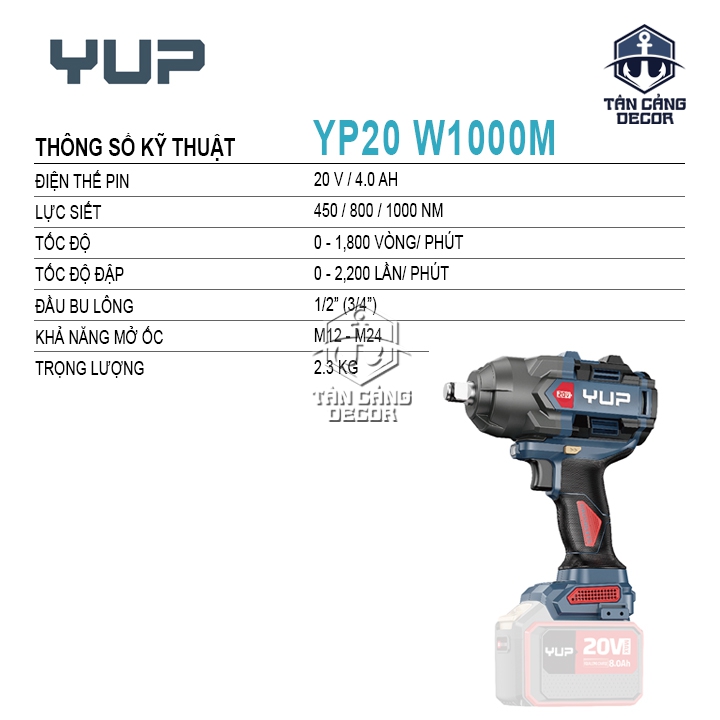 Máy Siết Bu Lông Dùng Pin YUP YP20 W1000M Bản 8.0Ah (1 Pin + 1 Sạc) - Ảnh 2