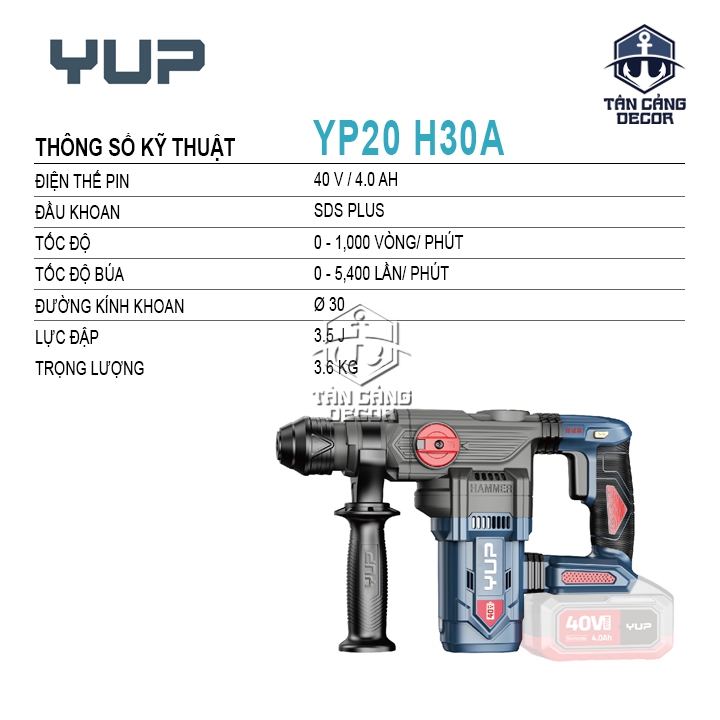 Máy Khoan Đục Bê Tông Dùng Pin YUP YP20 H30A Bản 8.0Ah (1 Pin + 1 Sạc) - Ảnh 2