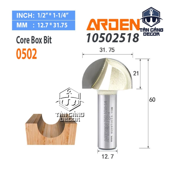Mũi Router Arden Đánh Rãnh Tròn Góc 31.75 mm Cốt 12.7 mm Arden 0502
