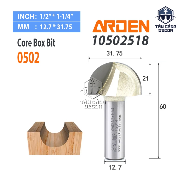 Mũi Router Arden Đánh Rãnh Tròn Góc 31.75 mm Cốt 12.7 mm Arden 0502