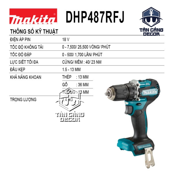 Alternative view of Máy Khoan Động Lực Dùng Pin Makita 18V DHP487 ( Thân Máy, 2 Pin 3,0Ah, Sạc Nhanh, Thùng Nhựa )