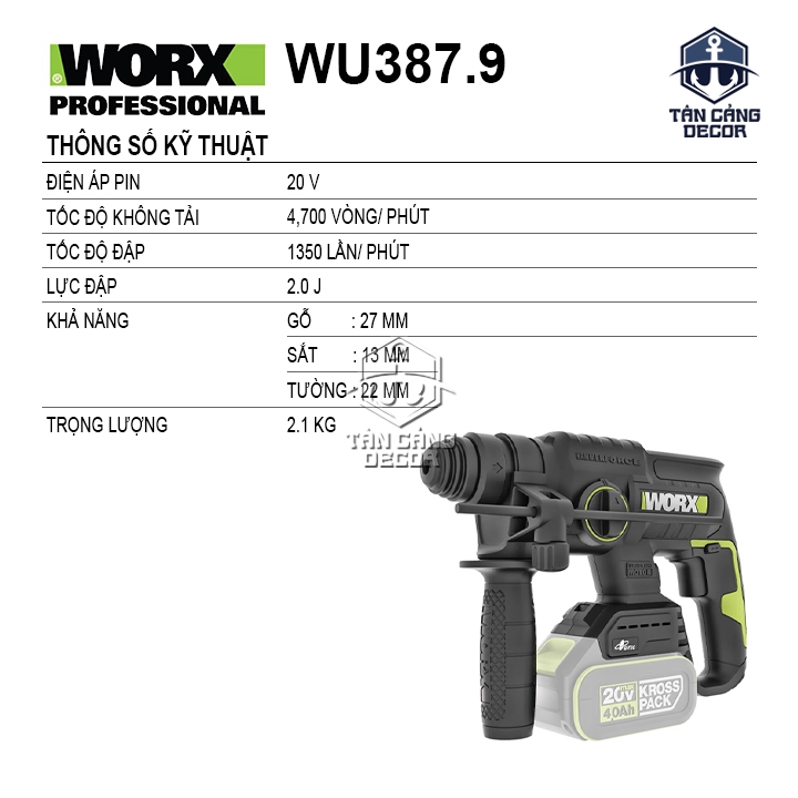 Máy Khoan Đục Bê Tông 4 Chế Độ Dùng Pin 20V Worx WU387 ( Thân Máy ) - Ảnh 2