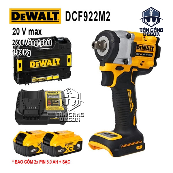 Combo Máy Siết Bu Lông Dùng Pin DeWalt 20V DCF922M2 1/2 Inches ( Thân Máy, 2 Pin 5.0Ah, Sạc , Thùng )