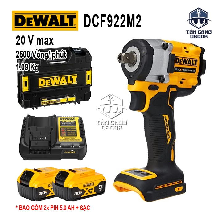 Combo Máy Siết Bu Lông Dùng Pin DeWalt 20V DCF922M2 1/2 Inches ( Thân Máy, 2 Pin 5.0Ah, Sạc , Thùng )