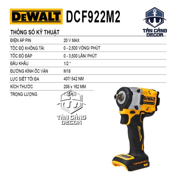 Alternative view of Combo Máy Siết Bu Lông Dùng Pin DeWalt 20V DCF922M2 1/2 Inches ( Thân Máy, 2 Pin 5.0Ah, Sạc , Thùng )