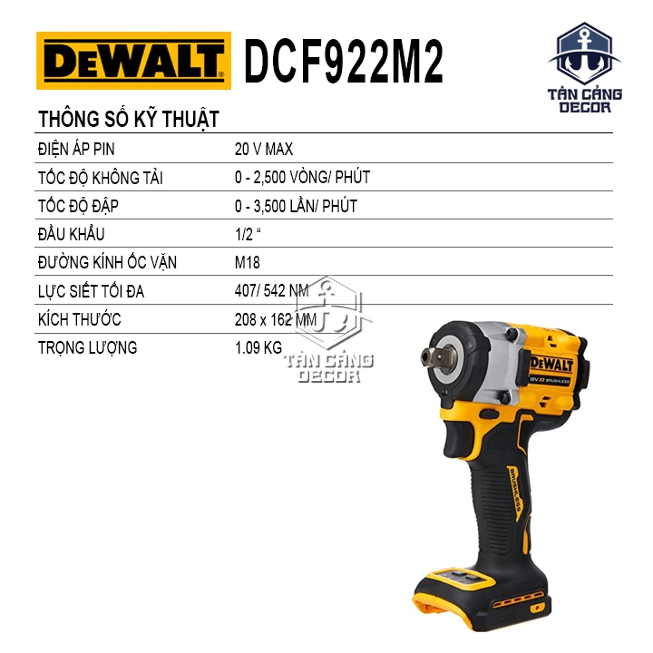 Combo Máy Siết Bu Lông Dùng Pin DeWalt 20V DCF922M2 1/2 Inches ( Thân Máy, 2 Pin 5.0Ah, Sạc , Thùng ) - Ảnh 2