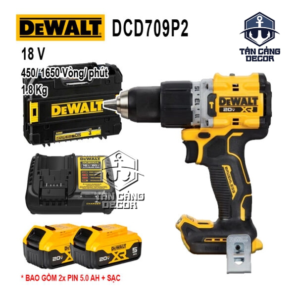 Combo Máy Khoan Động Lực Dùng Pin DeWalt 20V DCD709M2 ( Thân Máy, Thùng Nhựa, 1 Sạc, 2 Pin 5.0 Ah )