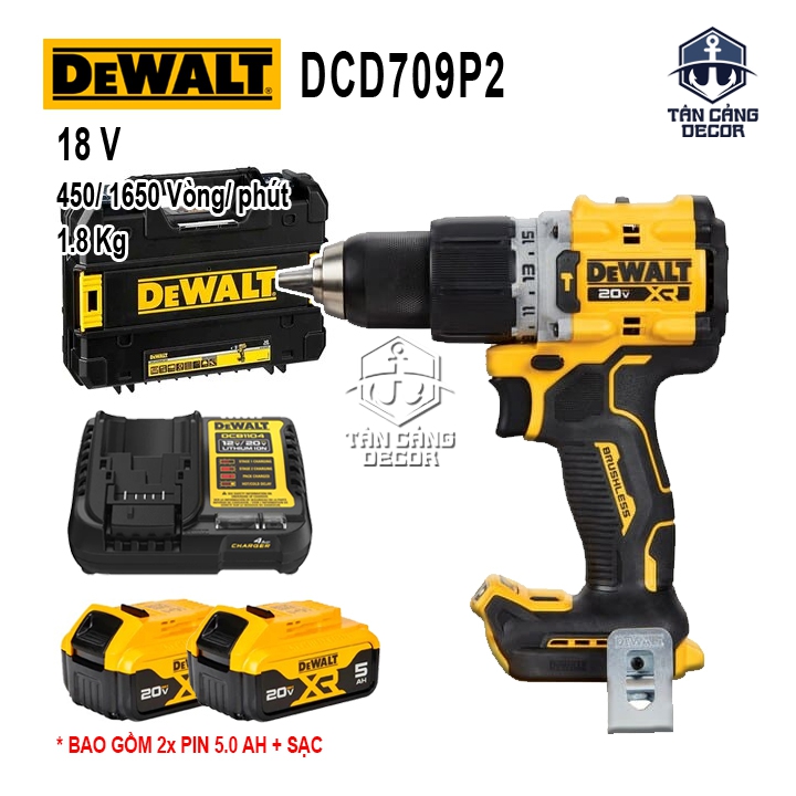 Combo Máy Khoan Động Lực Dùng Pin DeWalt 20V DCD709M2 ( Thân Máy, Thùng Nhựa, 1 Sạc, 2 Pin 5.0 Ah )