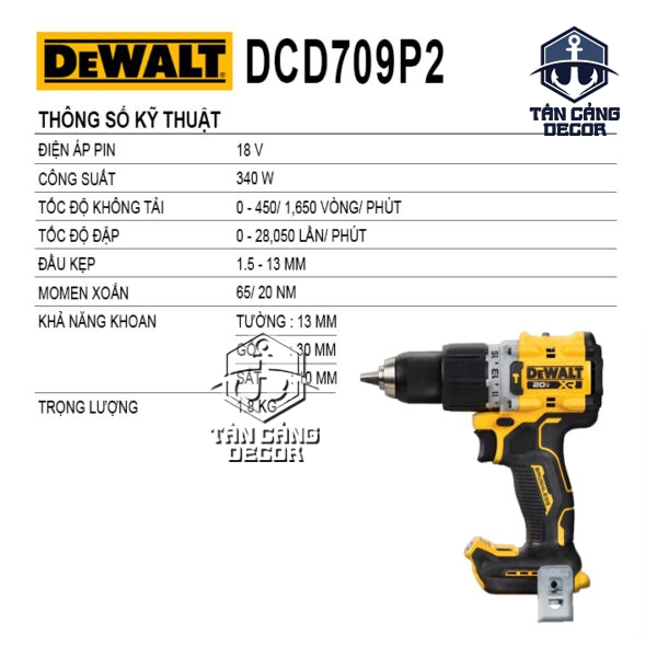 Alternative view of Combo Máy Khoan Động Lực Dùng Pin DeWalt 20V DCD709M2 ( Thân Máy, Thùng Nhựa, 1 Sạc, 2 Pin 5.0 Ah )