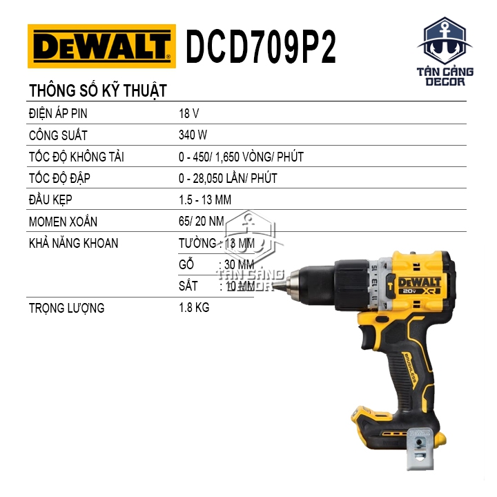 Combo Máy Khoan Động Lực Dùng Pin DeWalt 20V DCD709M2 ( Thân Máy, Thùng Nhựa, 1 Sạc, 2 Pin 5.0 Ah ) - Ảnh 2