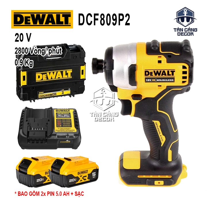 Combo Máy Vặn Vít Dùng Pin DeWalt 20V DCF809M2 ( Thân Máy, Thùng Nhựa, 1 Sạc, 2 Pin 5.0 Ah )