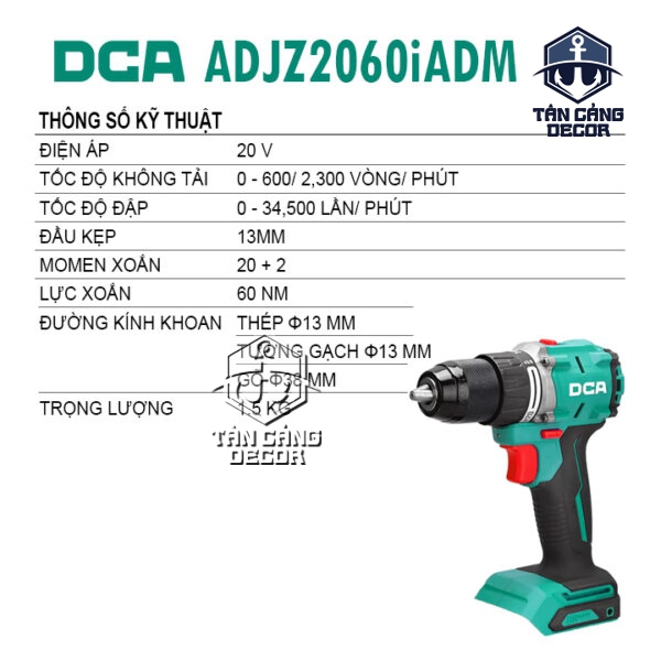Alternative view of Combo Máy Khoan Động Lực Dùng Pin 20V DCA ADJZ2060iADM (Thân Máy, 1 Pin 2.0Ah, 1 Sạc, Thùng)