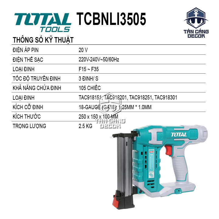 Súng Bắn Đinh Gỗ F15-35 Dùng Pin 20V Total TCBNLI3505 ( Thân Máy ) - Ảnh 2