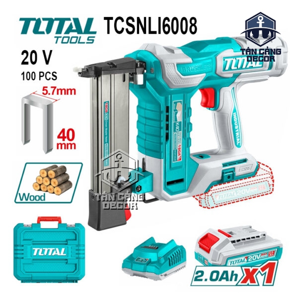 Combo Súng Bắn Đinh U 5.7 mm Dùng Pin 20V Total TCSNLI6008 ( 1 Pin 2.0Ah + Sạc Nhanh + Thùng )
