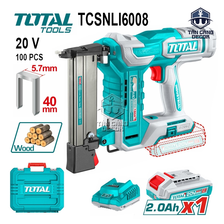 Combo Súng Bắn Đinh U 5.7 mm Dùng Pin 20V Total TCSNLI6008 ( 1 Pin 2.0Ah + Sạc Nhanh + Thùng )