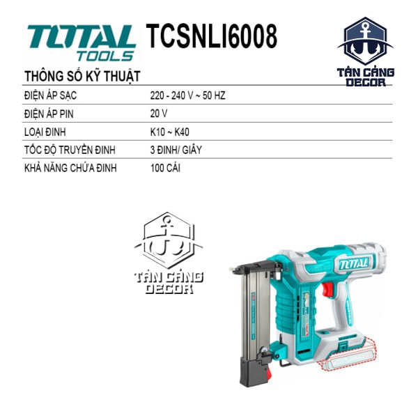 Alternative view of Combo Súng Bắn Đinh U 5.7 mm Dùng Pin 20V Total TCSNLI6008 ( 1 Pin 2.0Ah + Sạc Nhanh + Thùng )