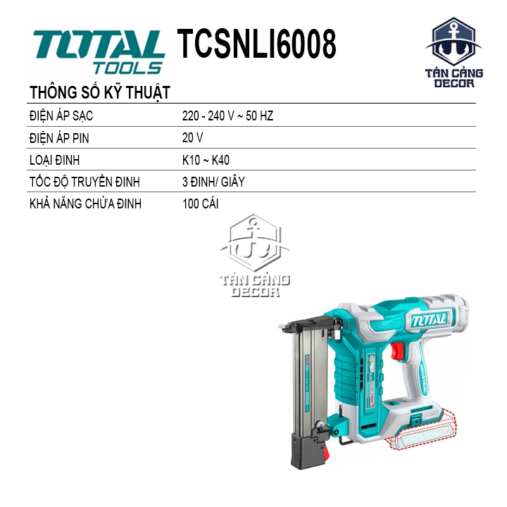 Combo Súng Bắn Đinh U 5.7 mm Dùng Pin 20V Total TCSNLI6008 ( 1 Pin 2.0Ah + Sạc Nhanh + Thùng ) - Ảnh 2