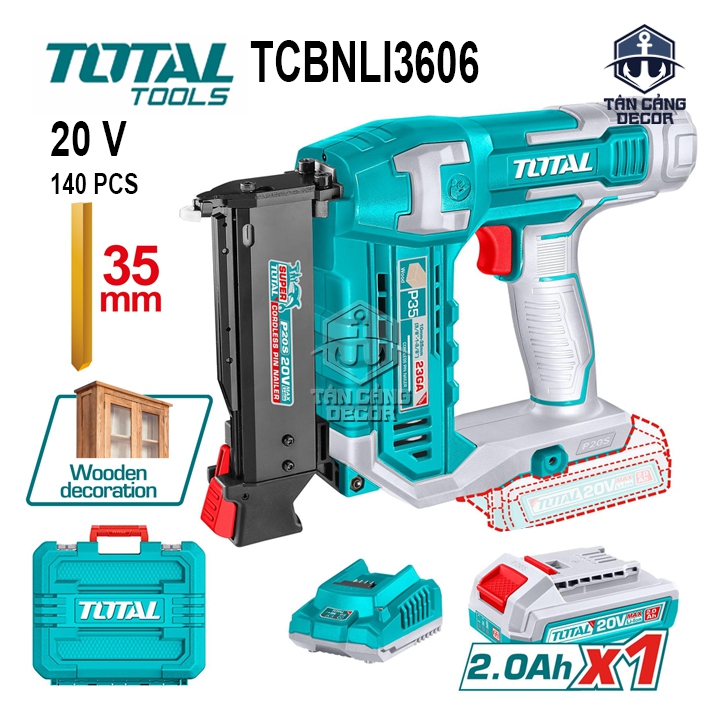 Combo Súng Bắn Đinh Chỉ – Đinh Đồng Dùng Pin 20V Total TCBNLI3606 ( 1 Pin 2.0Ah + Sạc Nhanh + Thùng )