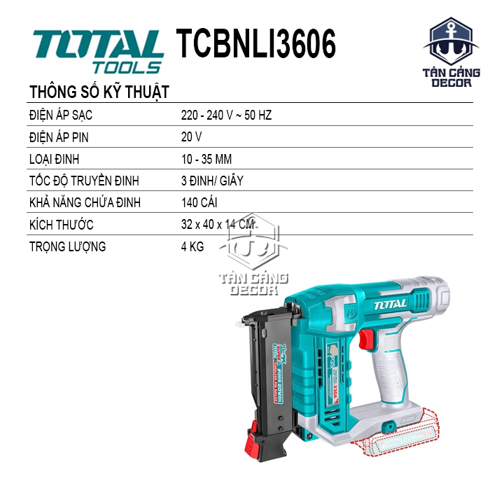 Combo Súng Bắn Đinh Chỉ – Đinh Đồng Dùng Pin 20V Total TCBNLI3606 ( 1 Pin 2.0Ah + Sạc Nhanh + Thùng ) - Ảnh 2
