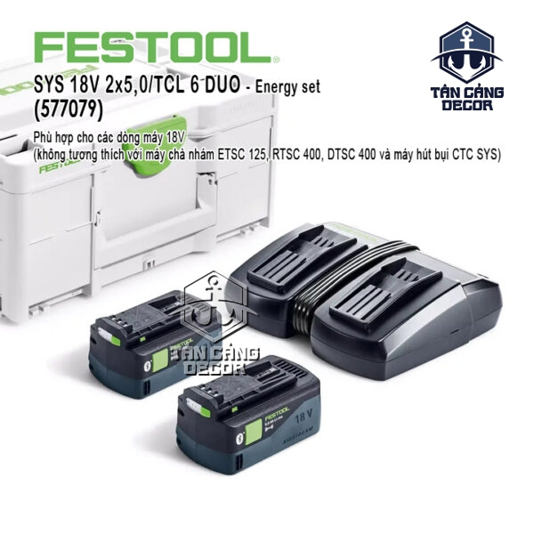 Combo Pin 18V Festool 2x Pin 5.0 Ah và Sạc Đôi SYS 18V 2x5.0/TCL 6 DUO (577079)